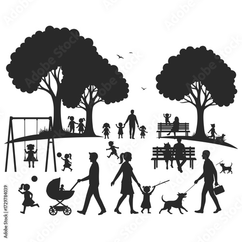 Park Scene Silhouettes of People, Children, Dogs, and Trees with Playground Elements.