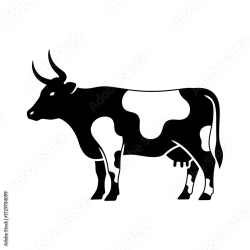 Black and White Holstein Dairy Cow Silhouette with Spots, Side View Vector Illustration.