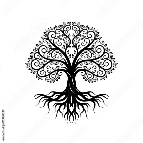 Black and White Stylized Tree of Life with Swirling Branches and Roots Vector Illustration