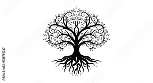 Black and White Stylized Tree of Life with Swirling Branches and Roots Vector Illustration