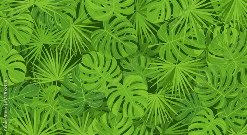 Seamless Tropical Green Leaves Pattern with Monstera and Palm Fronds Vector Background Design