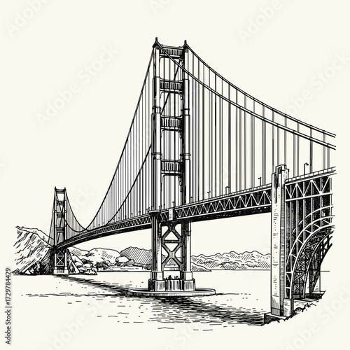Iconic Golden Gate Bridge San Francisco Hand Drawn Sketch Vector Illustration Travel Landmark