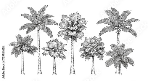 Set of Various Hand Drawn Palm Trees Sketch Vector Illustration Tropical Vacation Travel Element