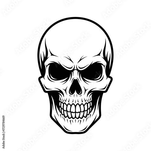 Vintage human skull with menacing eyes illustration, black and white monochrome graphic.
