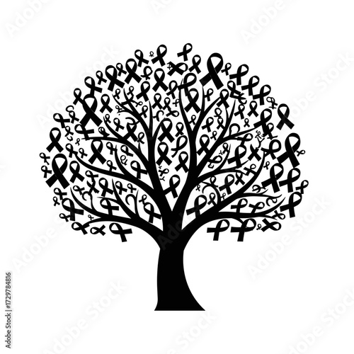 Conceptual tree with black awareness ribbons representing grief, memorial, or solidarity illustration.