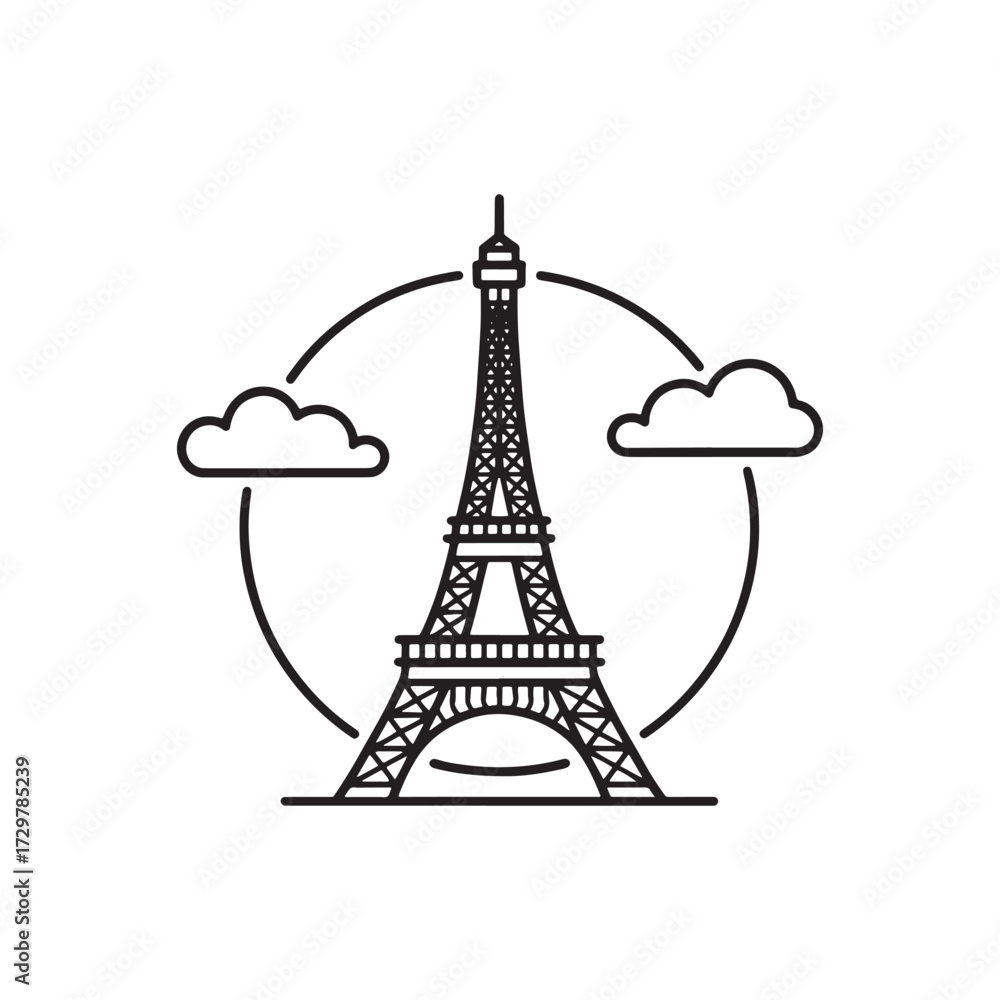 Fototapeta premium Monochromatic Eiffel Tower Icon with Clouds Framed in Circle A Minimalist Emblem of Parisian Charm and Timeless Architectural Elegance