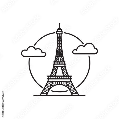 Monochromatic Eiffel Tower Icon with Clouds Framed in Circle A Minimalist Emblem of Parisian Charm and Timeless Architectural Elegance