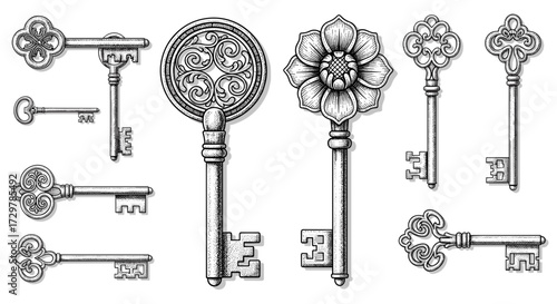 Set of Antique Ornate Keys with Various Engraved Patterns and Decorative Handles