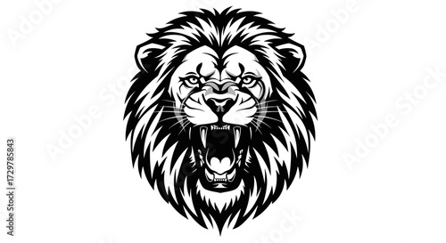 Majestic Roaring Lion Head Vector Art in Black and White Representing Power and Dominance