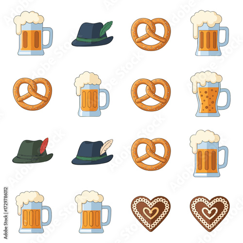 Oktoberfest Festival Icons Collection with Beer Mugs, Pretzels, Bavarian Hat, and Gingerbread Hearts