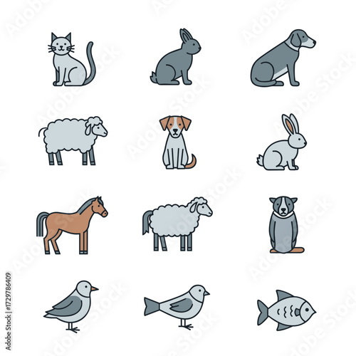 Colorful outline icons of various domestic and farm animals, including cat, dog, rabbit, sheep, horse, bird, and fish, with grey fill.