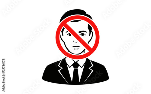Man in suit with red prohibition sign over face representing restriction or denial of access or identity