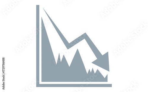 A silver graph with a downward trending arrow and jagged peaks indicating financial loss or market decline