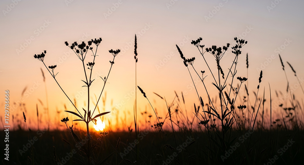 Fototapeta premium Silhouette of Wildflowers at Sunset in Warm Orange and Pink Sky