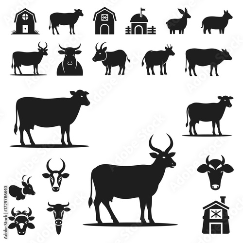 Farm animal silhouette set isolated on white background for your design