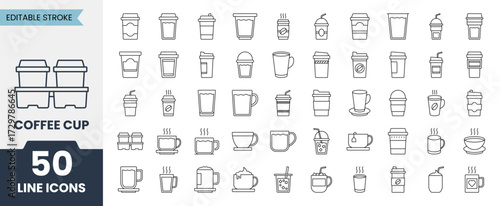 Coffee cup line icons set with editable stroke. Containing coffee, paper cup, drink, mug, container and More. Vector illustration