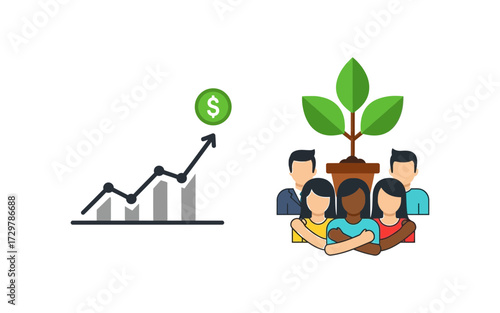 A graph showing growth with a dollar coin above it and a group of people with a plant behind them