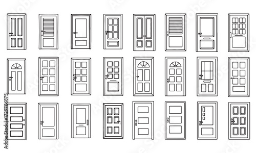 Collection of Door Line Drawings Featuring Different Styles and Panel Designs, Ideal for Architectural and Interior Design Illustrations