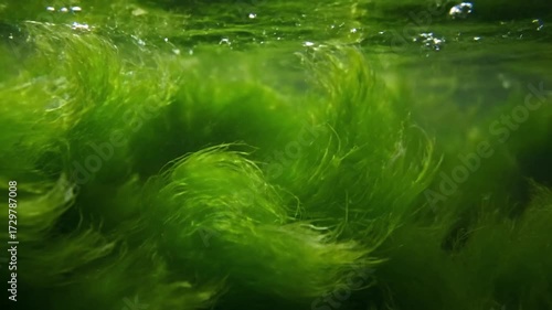 Abstract close-up of colorful algal blooms in a tide pool, revealing swirling patterns of red, green, and brown hues, with sunlight glinting off the water's surface. no data
