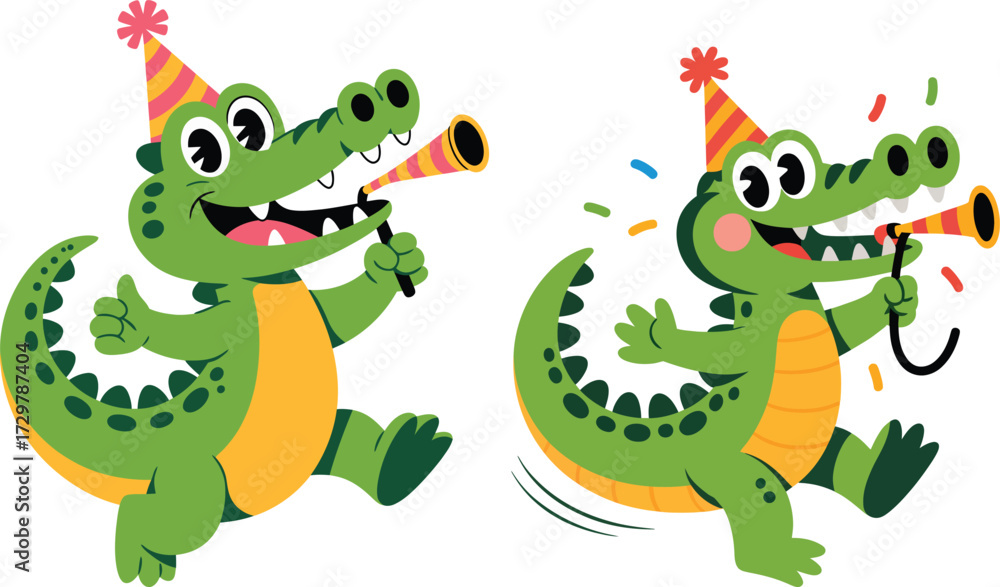 Fototapeta premium Two happy cartoon alligators celebrating with party hats and noisemakers