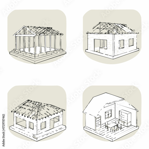 A comprehensive compilation of architectural line drawings, depicting diverse housing structures, from traditional designs to modern interiors and building phases.