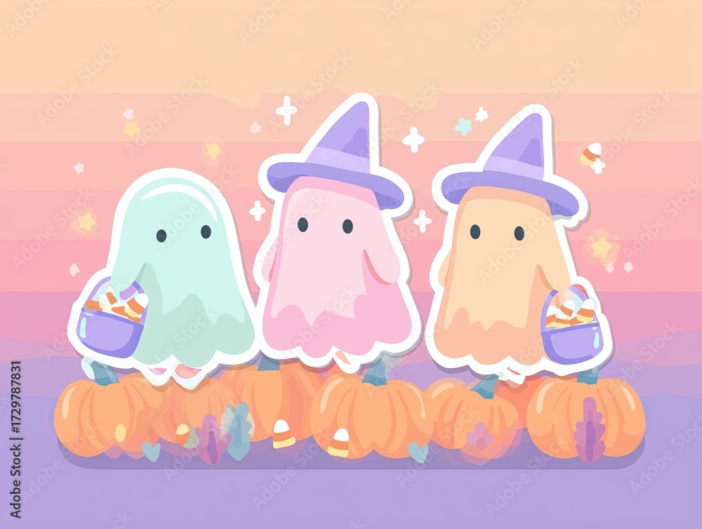 Fototapeta premium Playful pastel ghosts with pumpkins and candy corn, perfect for a Halloween theme.