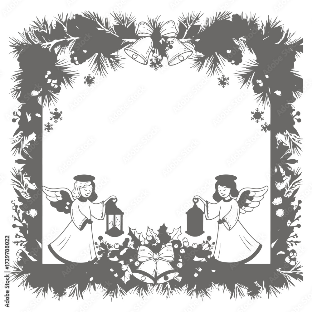 Fototapeta premium Christmas Holiday Frame with Two Angels Holding Lanterns.