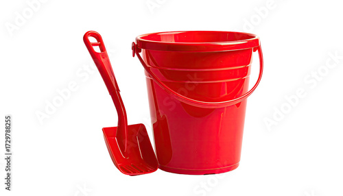 Red plastic bucket and shovel, isolated