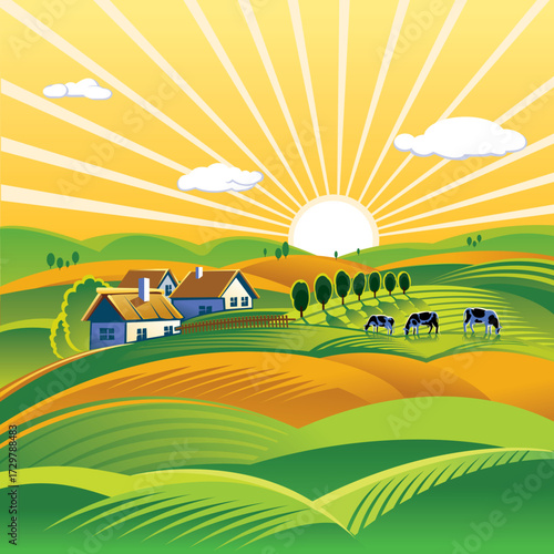 summer landscape with sun and rainbow