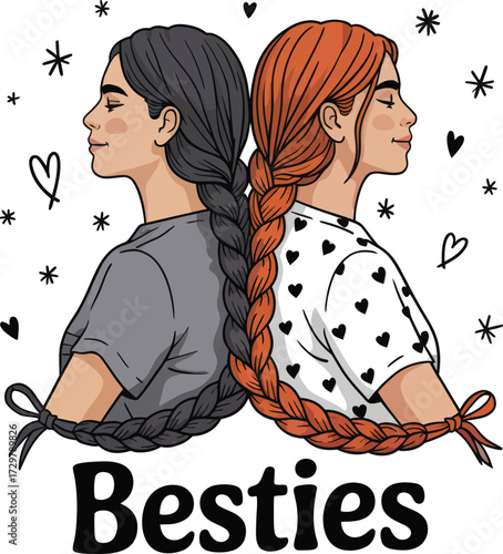 Intertwined Braids Friendship Illustration with "Besties" Text and Decorative Elements