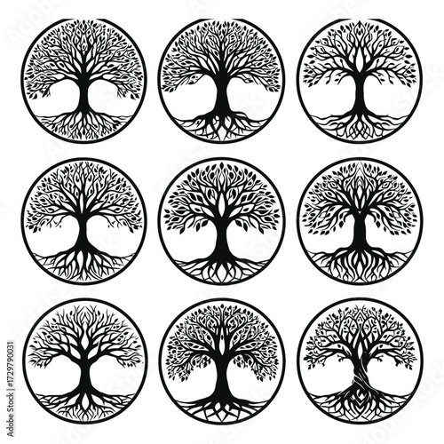 Collection of nine black and white Tree of Life symbols.