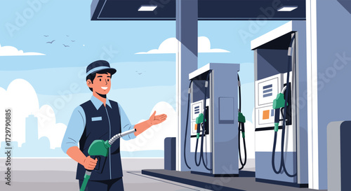 A smiling attendant stands proudly at a modern fuel station with a gas pump in hand.