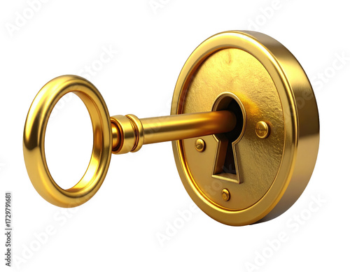 Golden key in a lock. 3D rendering of a gold key and lock
