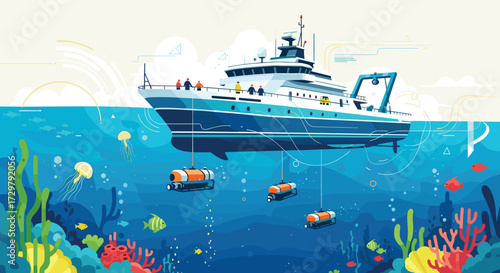 A research vessel deploys submersibles into a vibrant coral reef ecosystem.