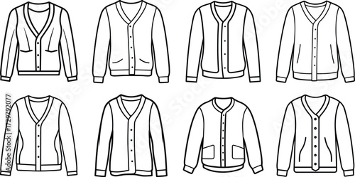 Set of cardigan line art, black outline, vector and illustration