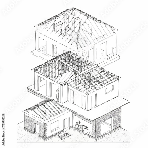 A detailed architectural diagram illustrates the construction phases of a residential building, showcasing its foundational elements, walls, and complete roof framework.