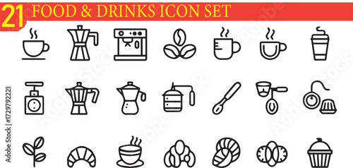 Delicious coffee, cakes and pastry icons for your cafe branding or menu design needs, originally a scalable vector graphic for easy customization.