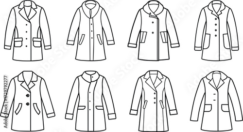 Set of coat line art, black outline, vector and illustration