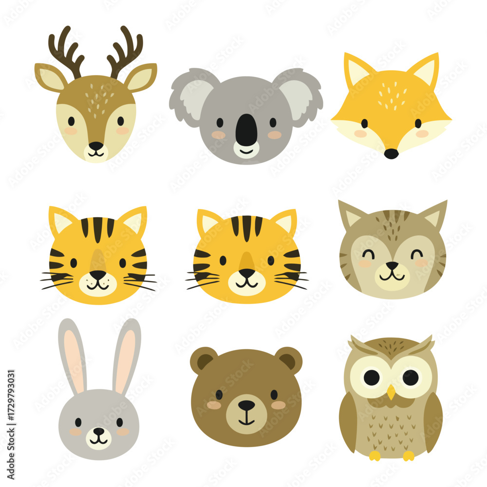 Fototapeta premium Adorable cartoon animal faces collection for various design projects and uses.