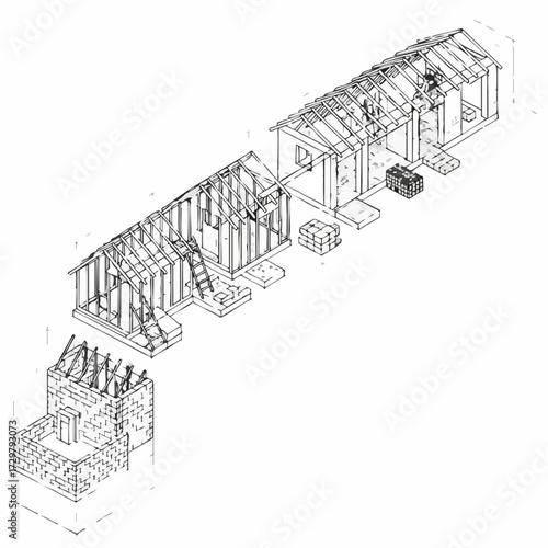 An isometric architectural drawing clearly illustrates the step-by-step construction process of a building, detailing its foundational elements and roof framing.