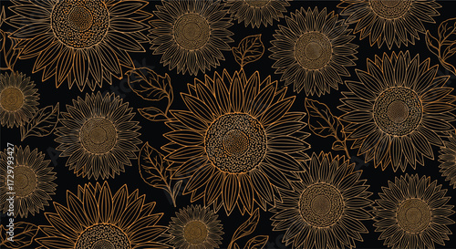 Abstract golden floral patterns against a dark background creating a luminous and intricate texture.