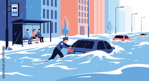 A police officer bravely helps a stranded driver push their car through a flooded city street.