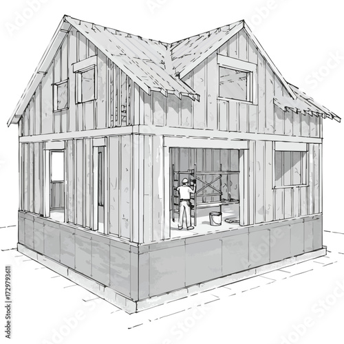 This detailed architectural drawing illustrates the various stages of a modern residential property's construction, showcasing its framework and ongoing work.