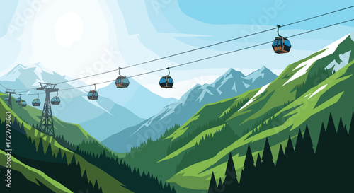 Pixel art cable cars ascend majestic green mountains under a bright sun.