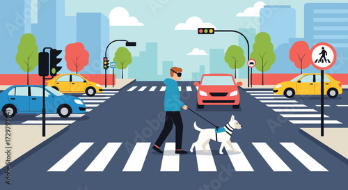 A person with a guide dog crosses a busy city street at a crosswalk with traffic signals.