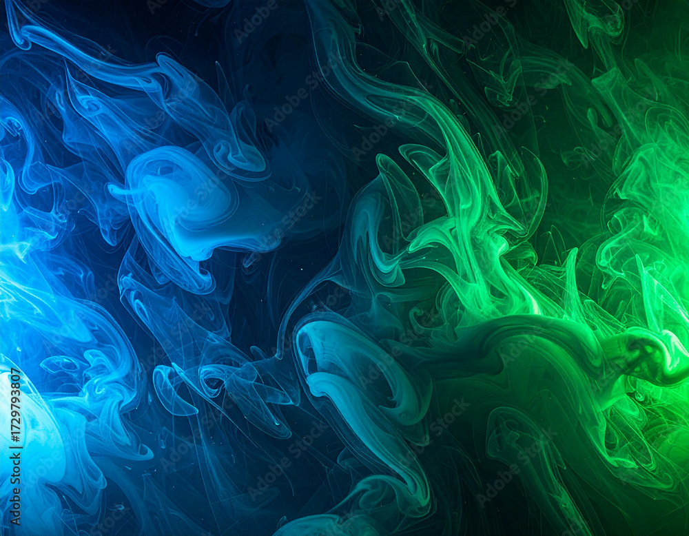 Fototapeta premium Abstract artwork featuring swirling, colorful smoke patterns in shades of blue and green.