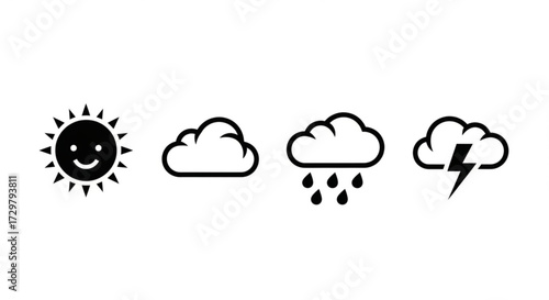 Weather icons showing sun with smiley face, cloud, rain cloud, and lightning cloud in a row design
