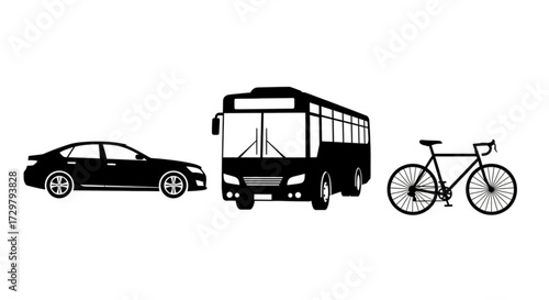 Black silhouettes of a car, bus, and bicycle arranged in a horizontal line on a white background