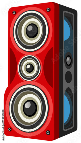 Illustration of a bright red audio speaker with black accents and woofers