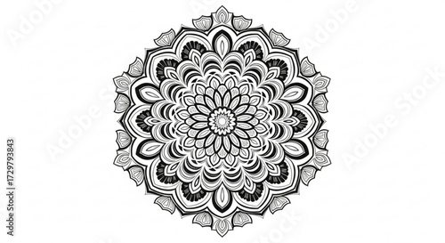 Detailed black and white floral mandala with intricate petal and leaf designs on a white background